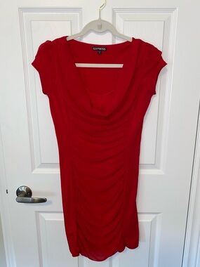 Express Red Cowl-Neck Ruched Dress